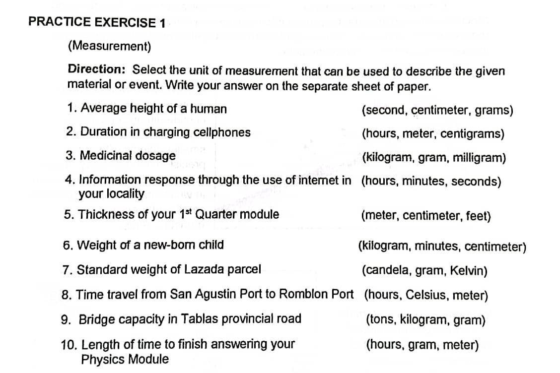 SUBJECT: GENERAL PHYSICSLESSON: MEASUREMENT: UNITS, CONVERSION, AND SCIENTIFIC NOTATIONPRACTICE 1 PRACTICE EXERCISE