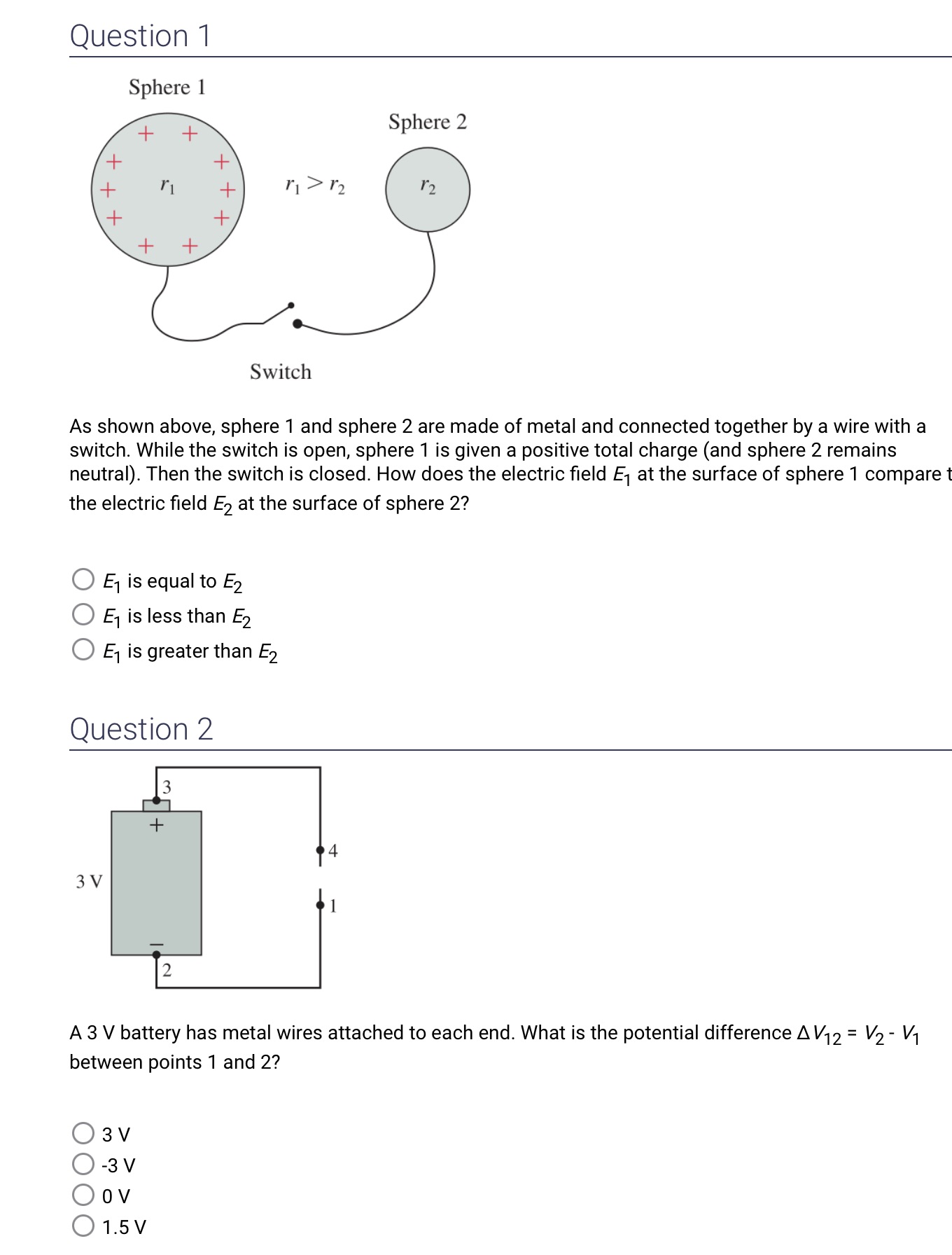 Question 1 Sphere l Sphere 2 Switch As shown above, sphere