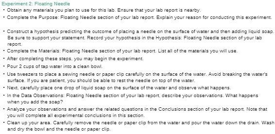 Experiment 2: Floating Needle " Obtain any materials you plan to