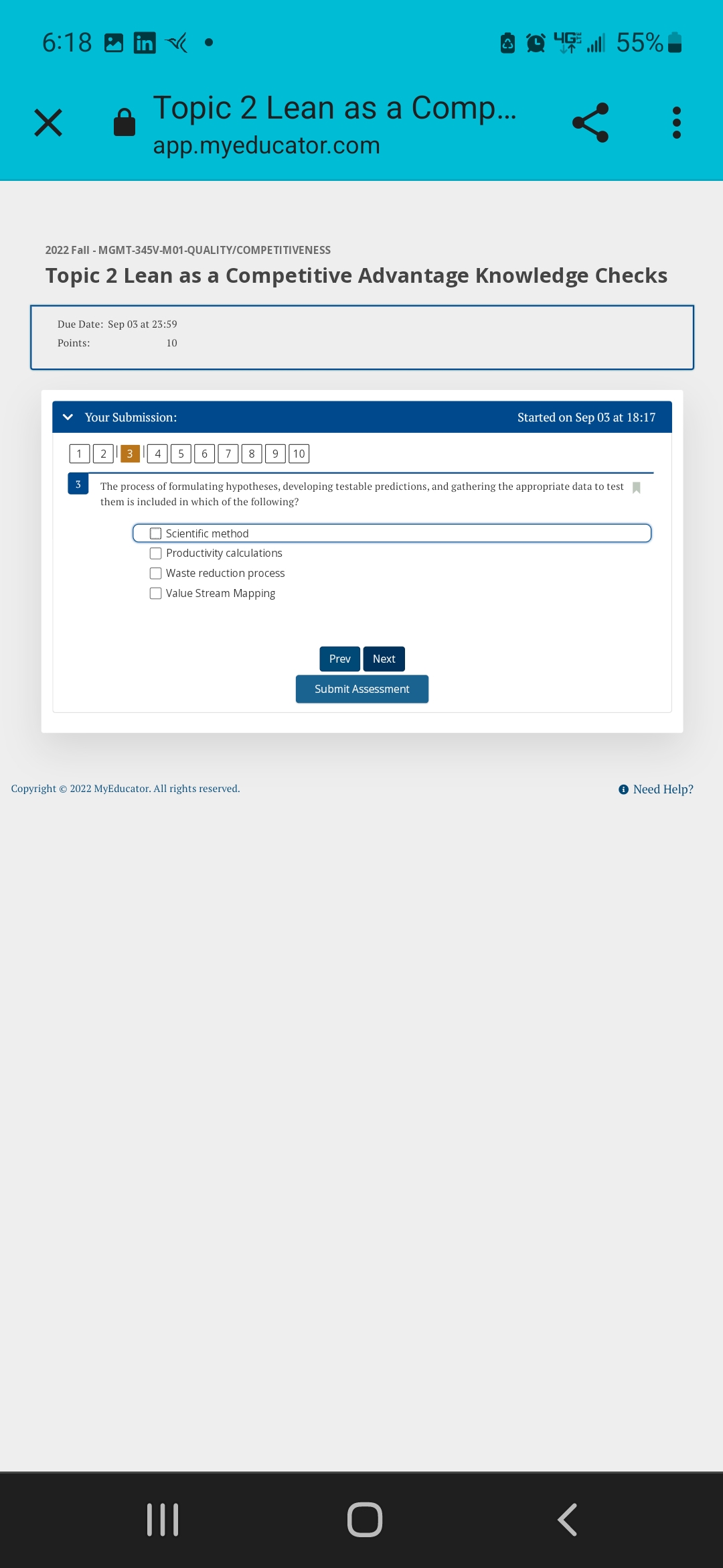 Lean as a Comp... . . . app.myeducator.com 2022 Fall - MGMT-345V-M01-QUALITY/COMPETITIVENESS