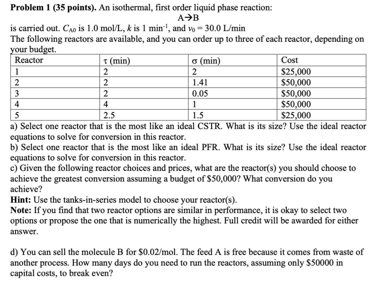  Problem 1(35 points). An isothermal, first order liquid phase reaction: AB