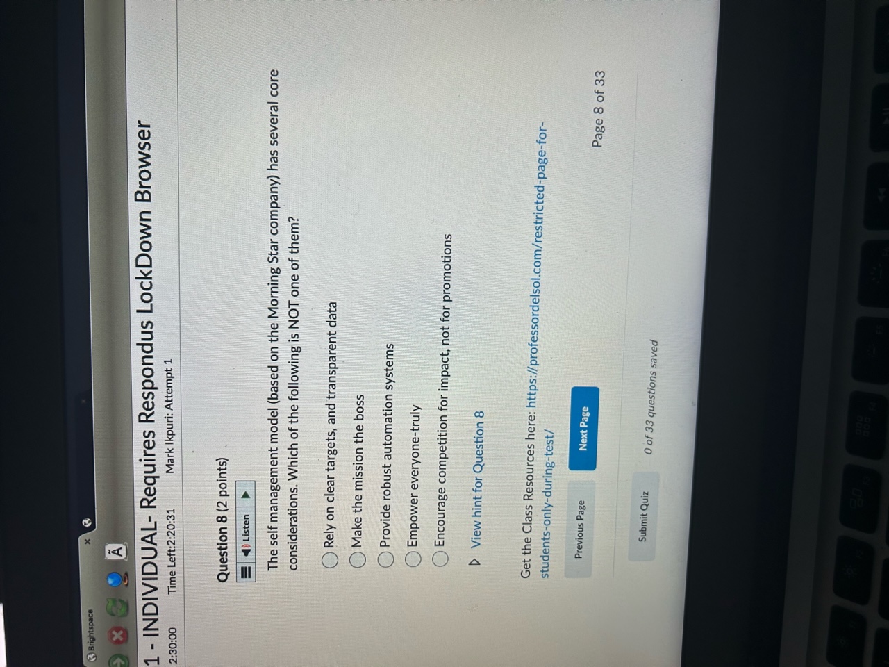 LockDown Browser Mark Ikpuri: Attempt 1 it: 2:30:00 Time Left:2:20:36 Question 7