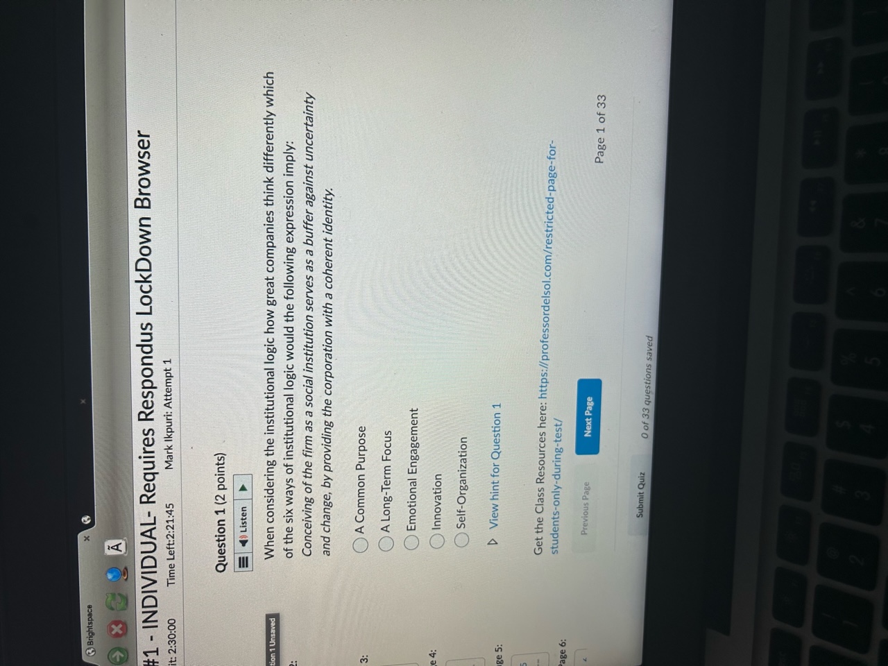 33 questions saved 203Brightspace x 3 1 - INDIVIDUAL- Requires Respondus LockDown