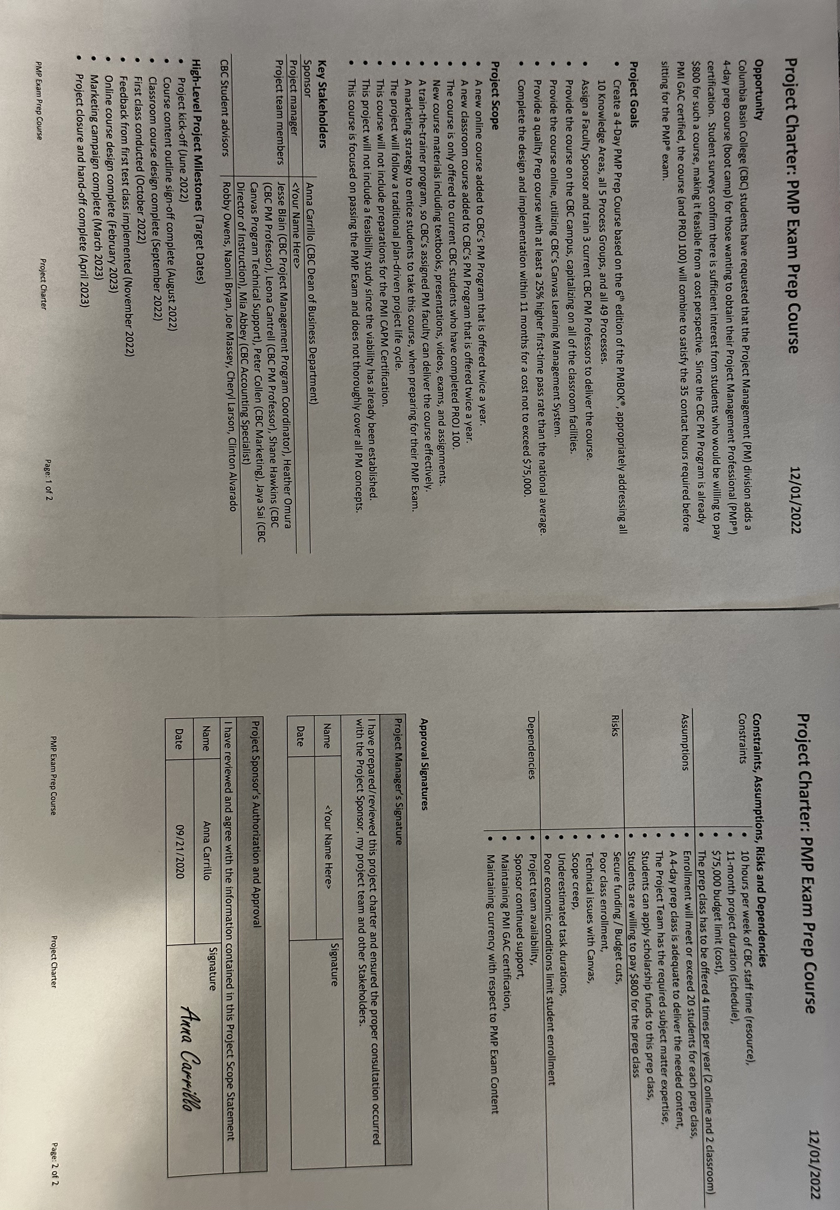 Modify the Project Scope Statement (based on the CBC Bootcamp Class Project