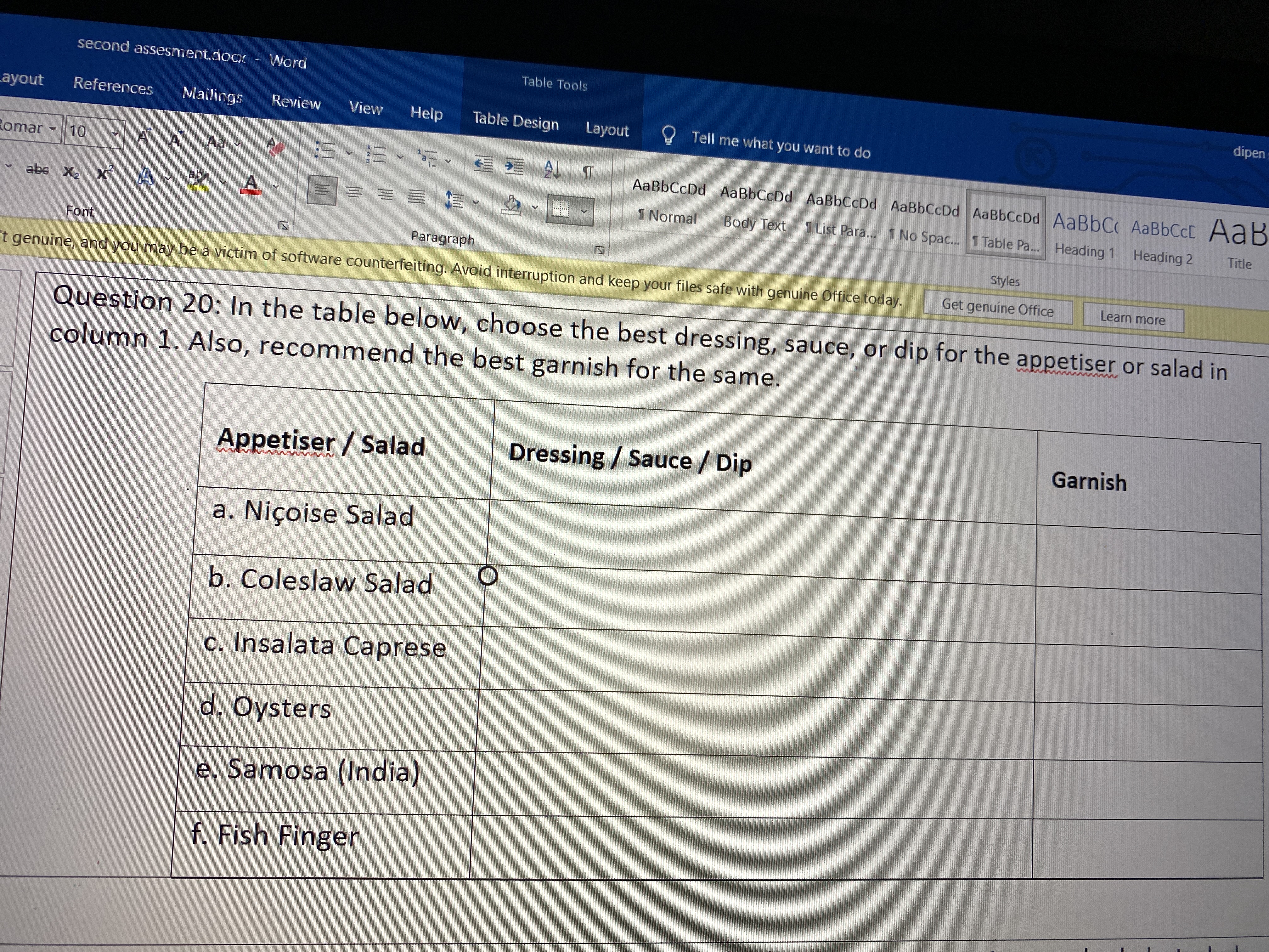  second assesment.docx - Word Table Tools dipen ayout References Mailings Review