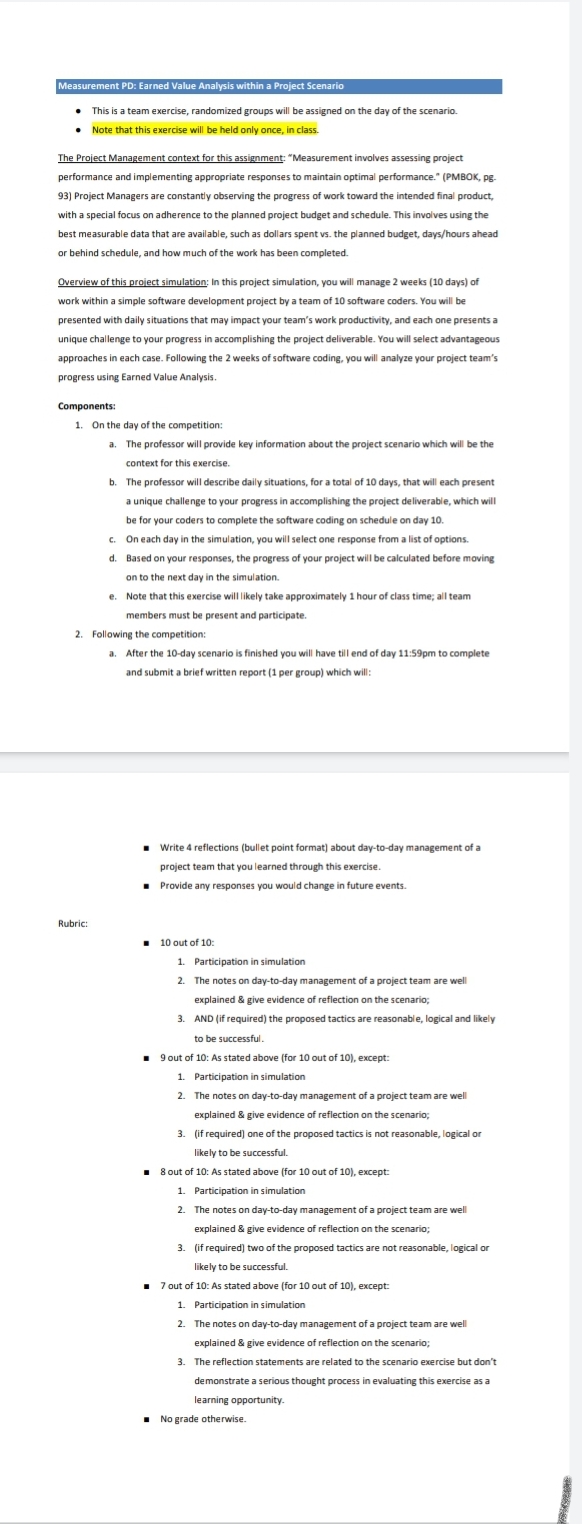 Measurement PD: Earned Value Analysis within a Project Scenario This is