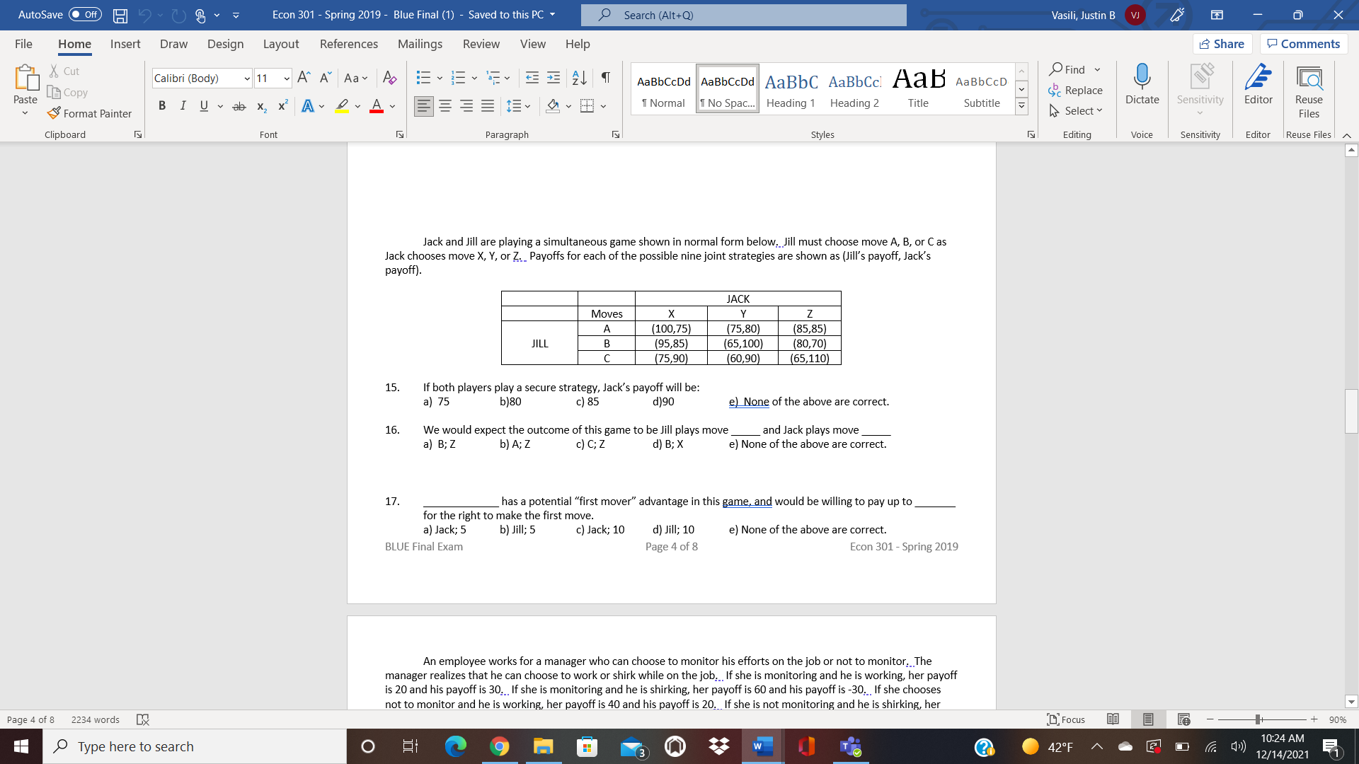  AutoSave . Off) Econ 301 - Spring 2019 - Blue Final