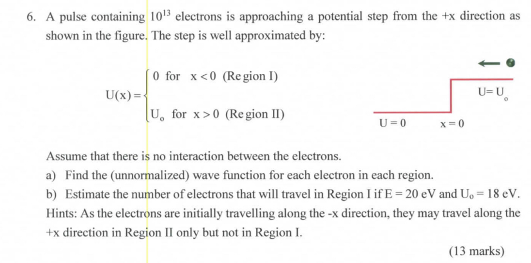A pulse containing 1013 electrons is approaching a potential step from the