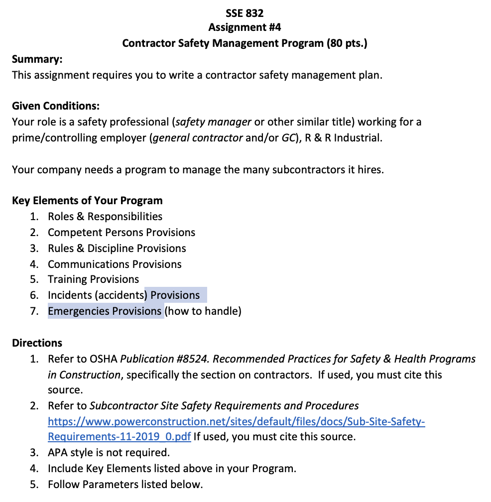  SSE 832 Assignment #4 Contractor Safety Management Program (80 pts.) Summary: