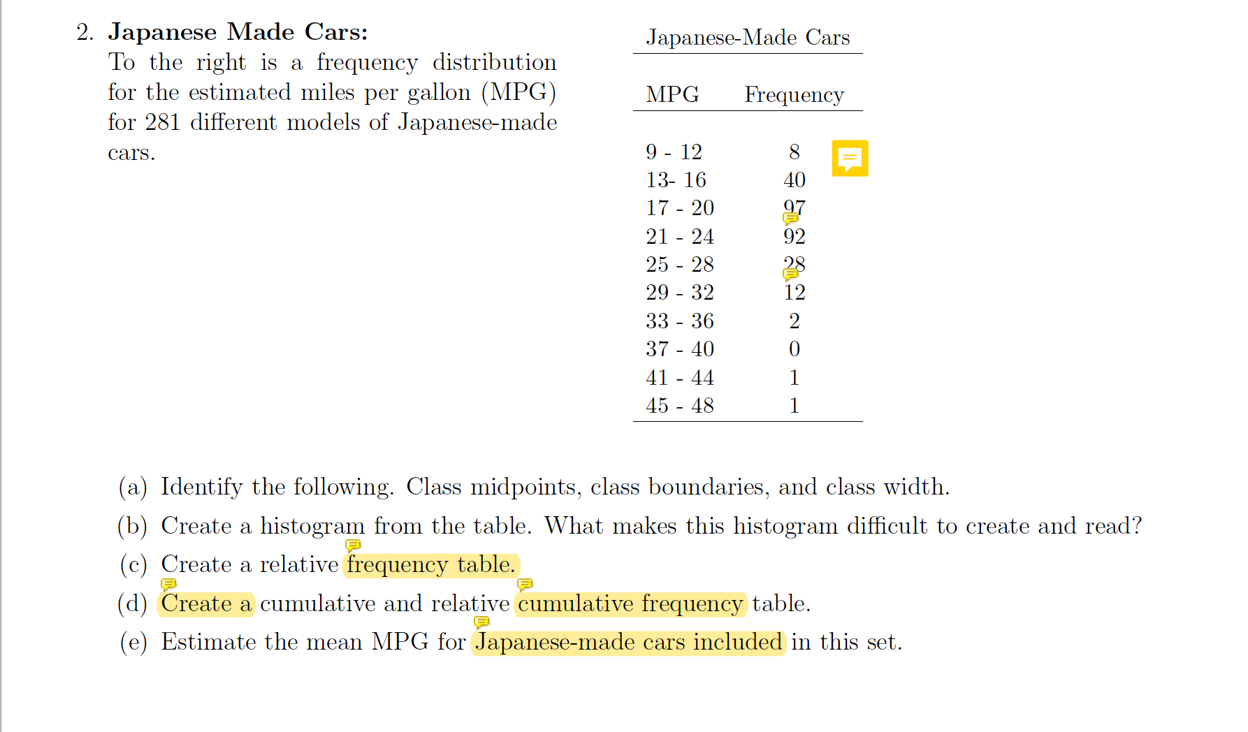 frequency table for American made cars. Each relative frequent}.r is found by