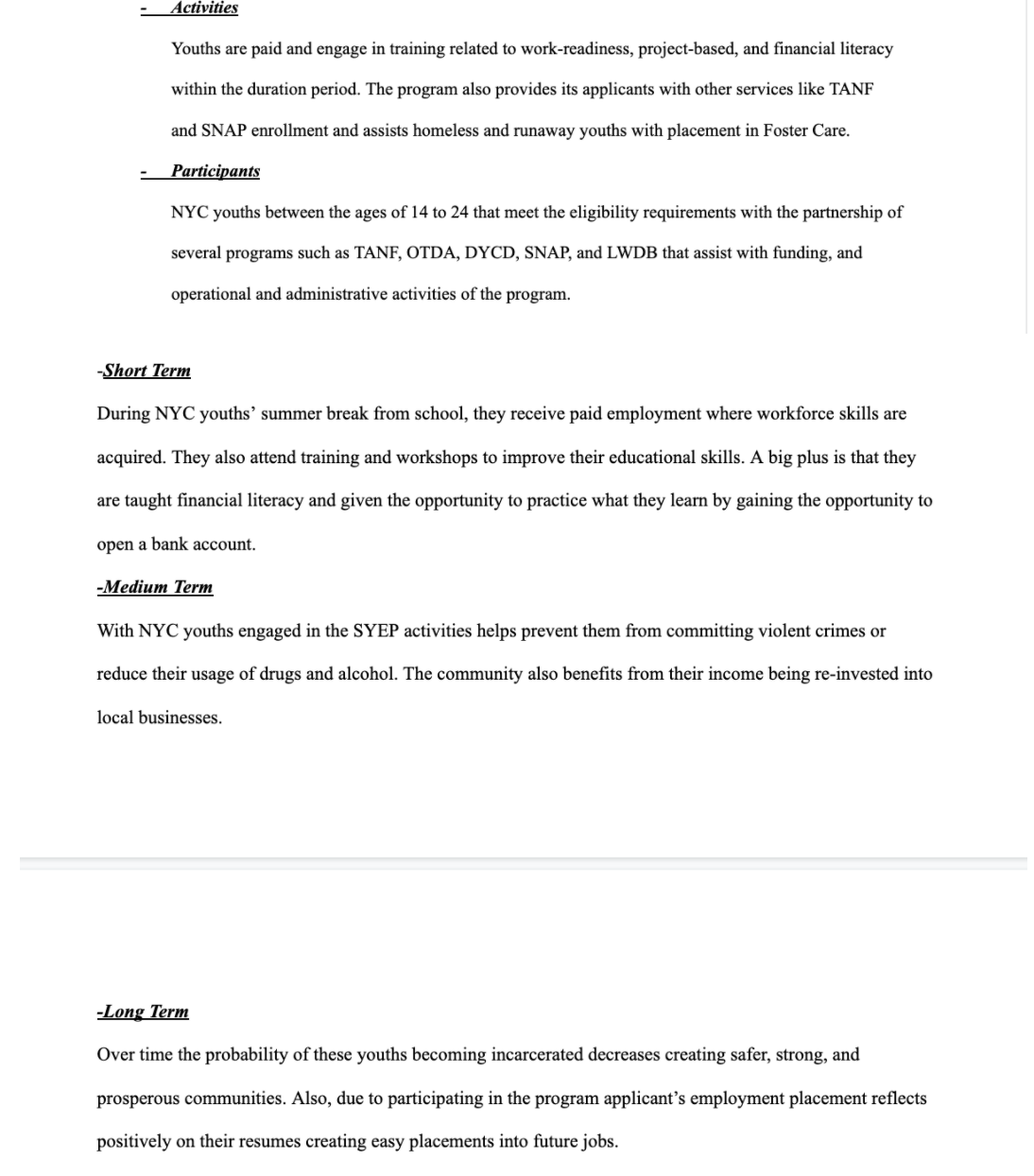 the logic model below on SYEP l{The Summer Youth Employment Program). and