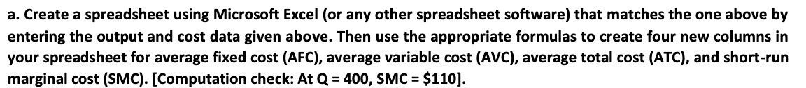 a. Create a spreadsheet using Microsoft Excel (or any other spreadsheet