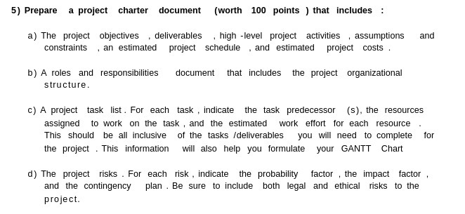 5) Prepare a project charter document (worth 100 points ) that