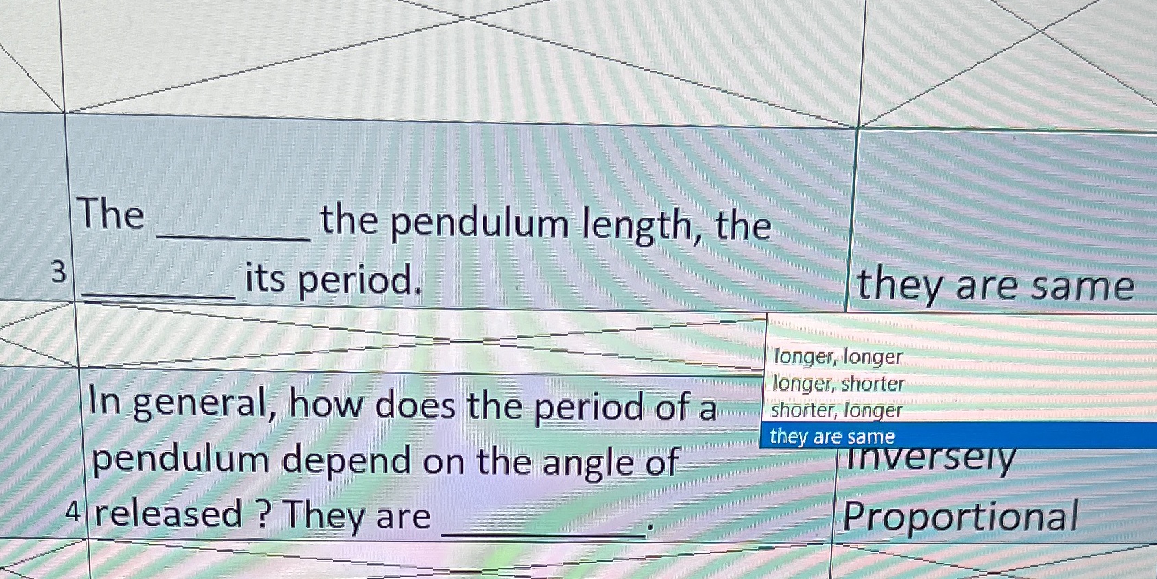 Physics lab The the pendulum length, the 3 its period. they are