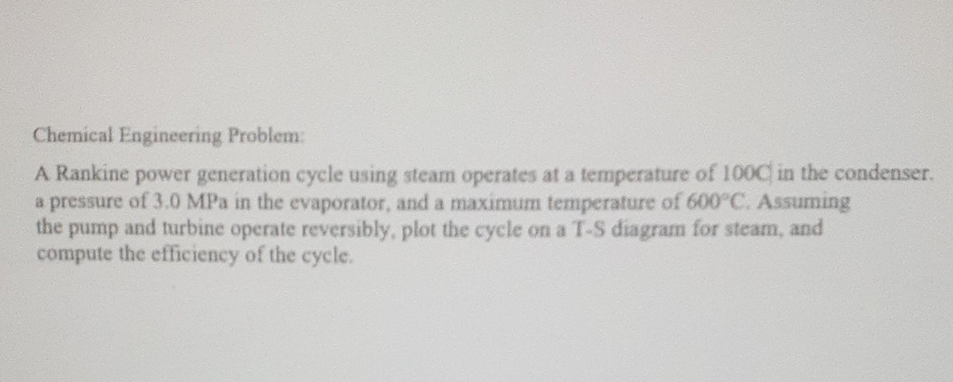  Chemical Engineering Problem: A Rankine power generation cycle using steam operates