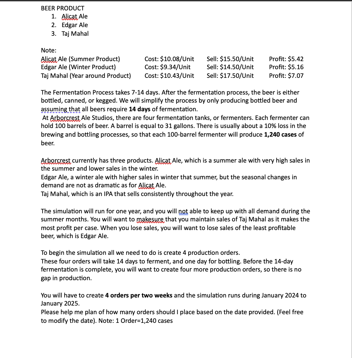 Help me make a schedule for production order by placing 1 to