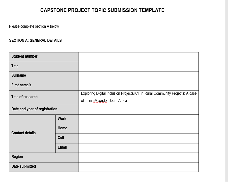 CAPSTONE PROJECT TOPIC SUBMISSION TEMPLATE Please complete section A below SECTION