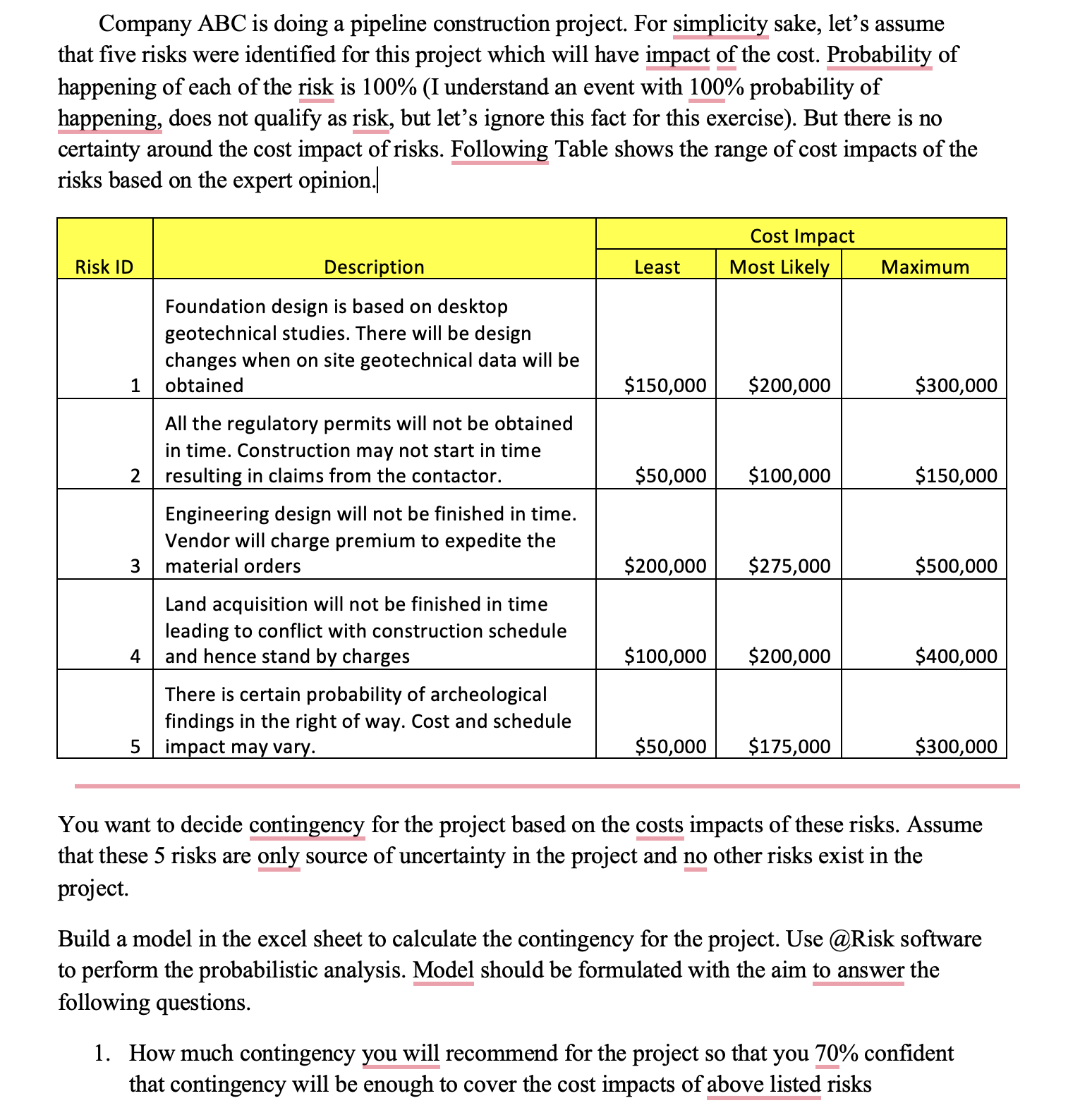 Company ABC is doing a pipeline construction project. For simplicity sake,