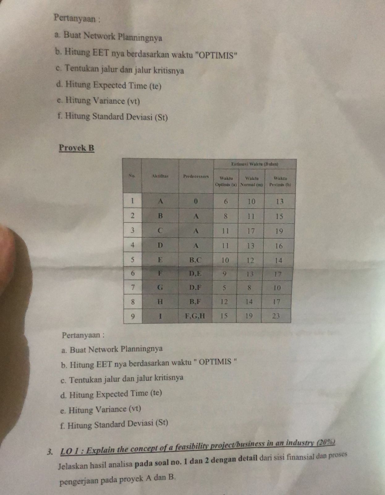 in a project / business feasibility in an industrial company in a