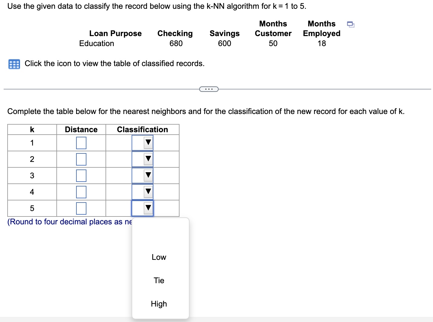  Use the given data to classify the record below using the