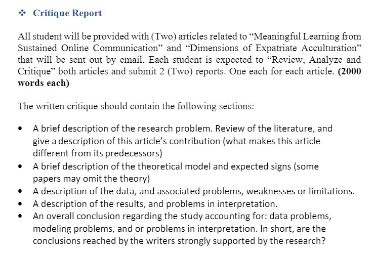 Critique Report All student will be provided with (Two) articles related