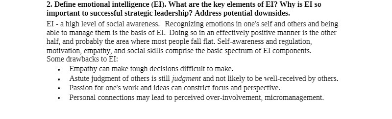 2. Define emotional intelligence (EI). What are the key elements of