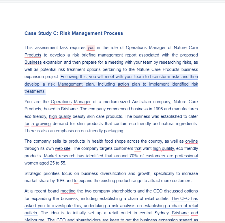 Case Study C: Risk Management Process This assessment task requires you