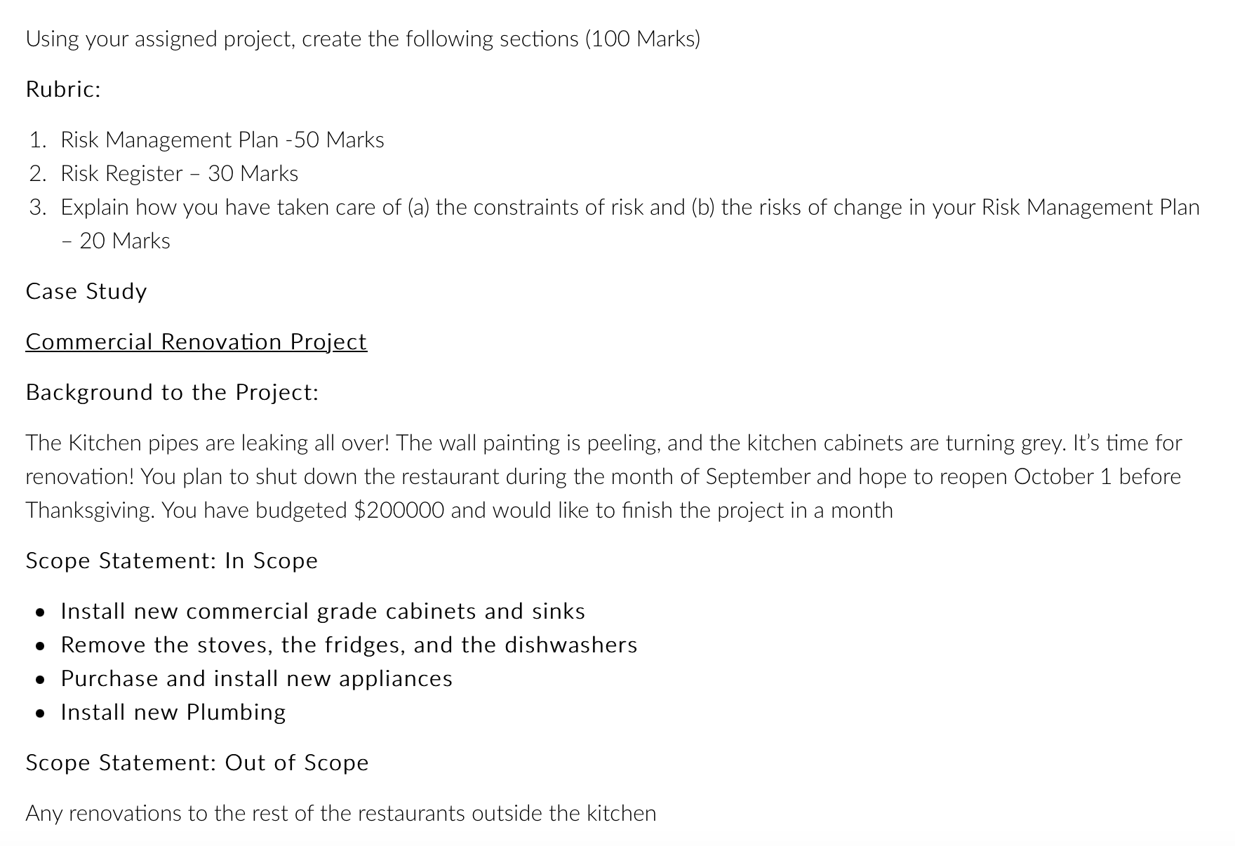 Using your assigned project, create the following sections (100 Marks) Rubric: