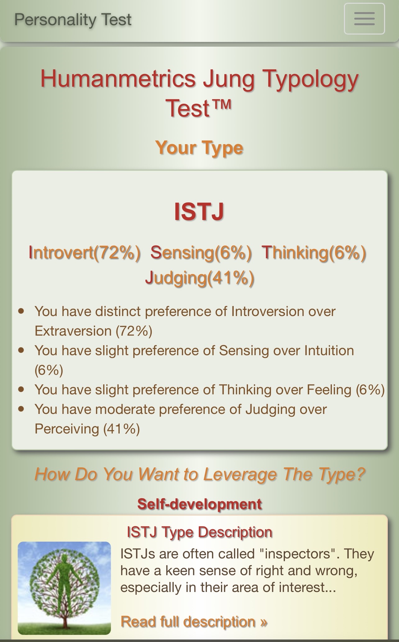 Begin by: 1) Going tohttps://www.humanmetrics.com/personality/istj-type?EI=-72&SN=6&TF=6&JP=41 2) Explore the web site (review information