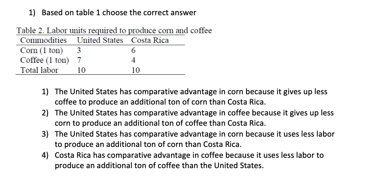 See question attached 1) Based on table 1 choose the correct answer