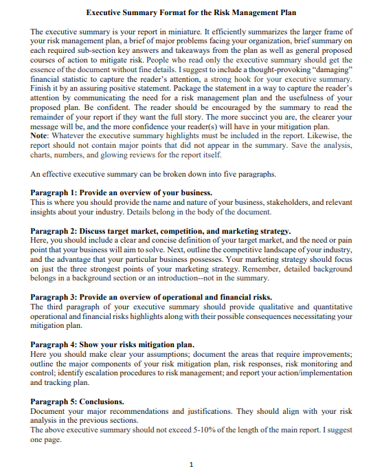  Executive Summary Format for the Risk Management Plan The executive summary
