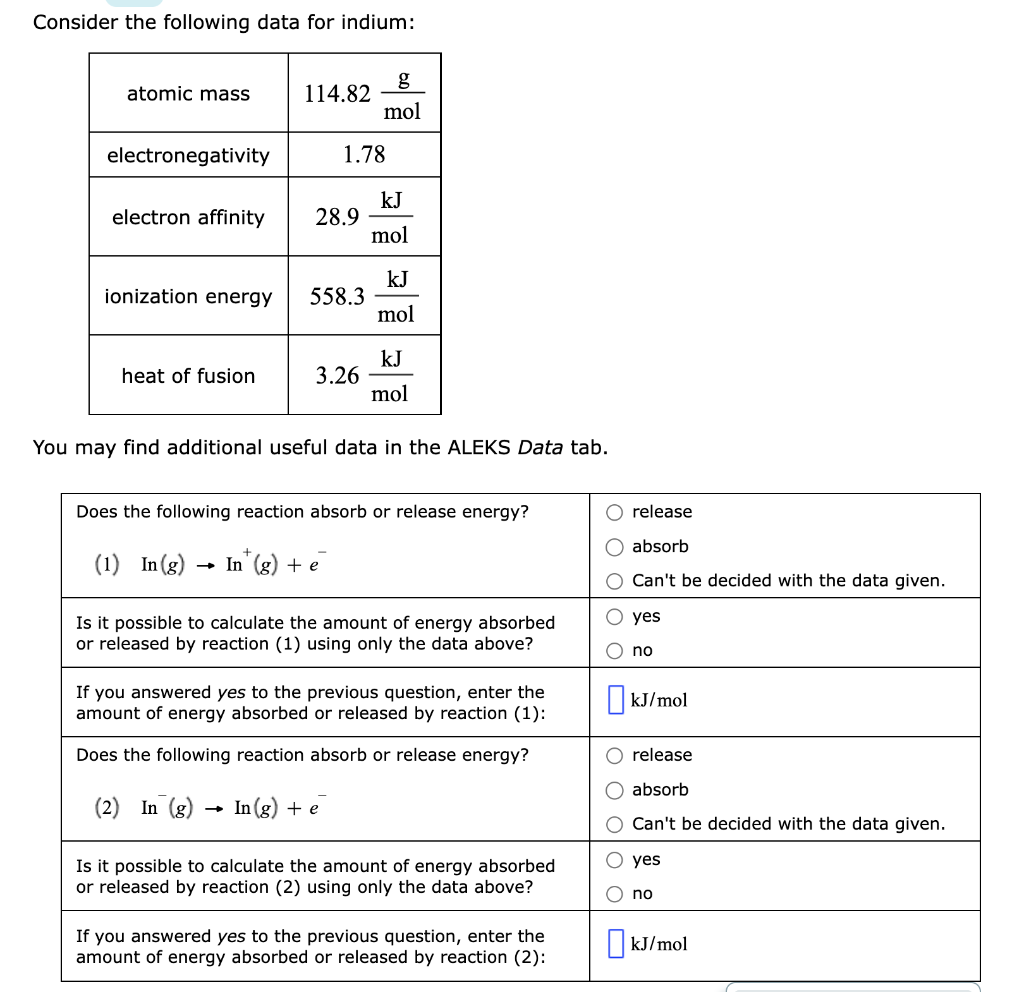 Consider the following data for indium: atomic mass electronegativity electron affinity ionization