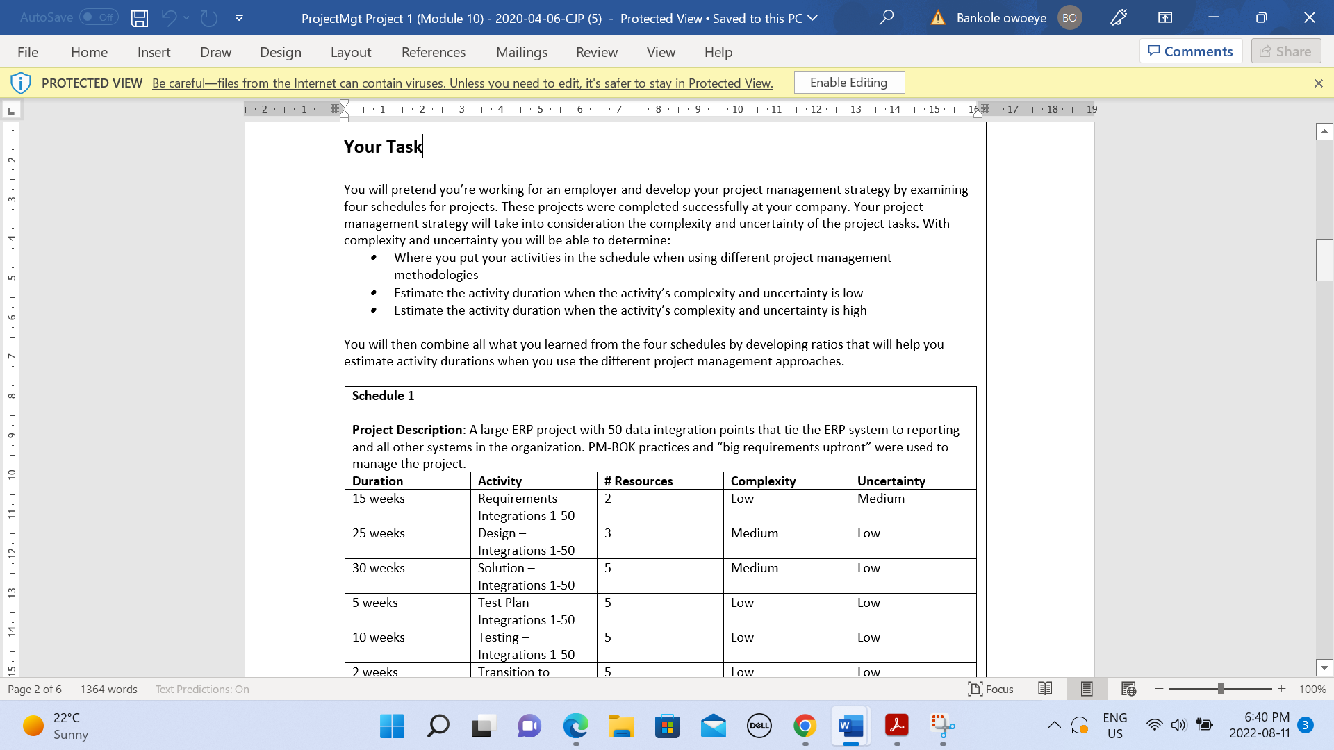  AutoSave . Off ) ProjectMgt Project 1 (Module 10) - 2020-04-06-CJP