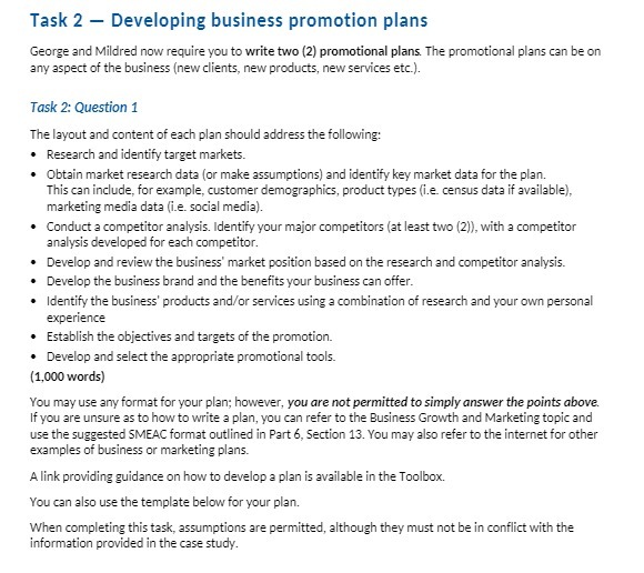  Task 2 - Developing business promotion plans George and Mildred now