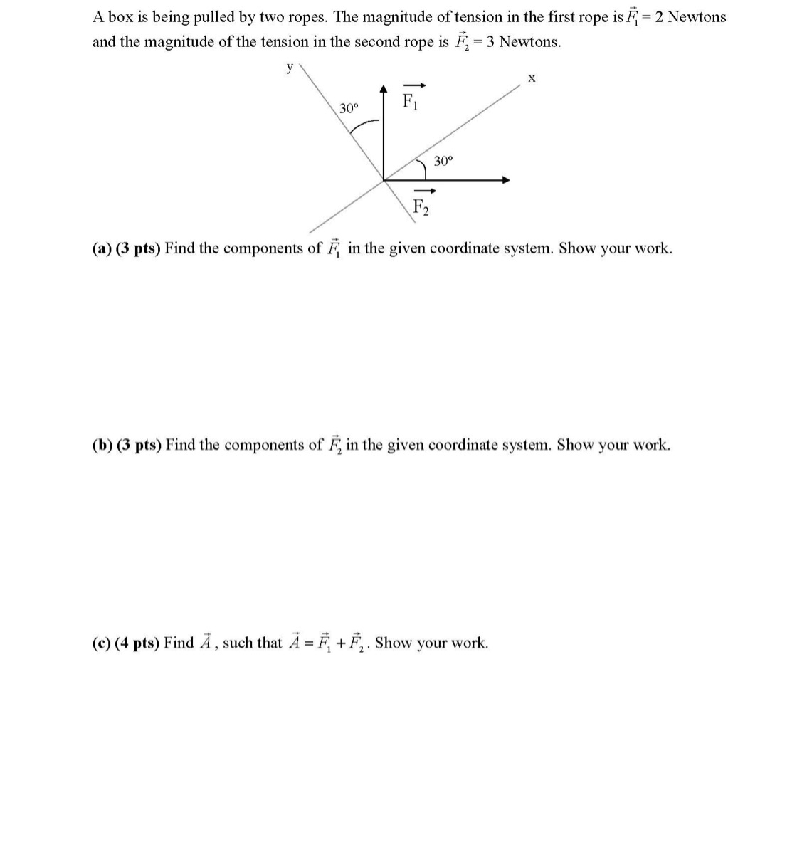 A box is being pulled by two ropes. The magnitude of