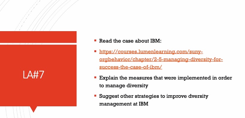  Read the case about IBM: https://courses.lumenlearning.com/suny- orgbehavior/chapter/2-5-managing-diversity-for- success-the-case-of-ibm/ LA#7 " Explain