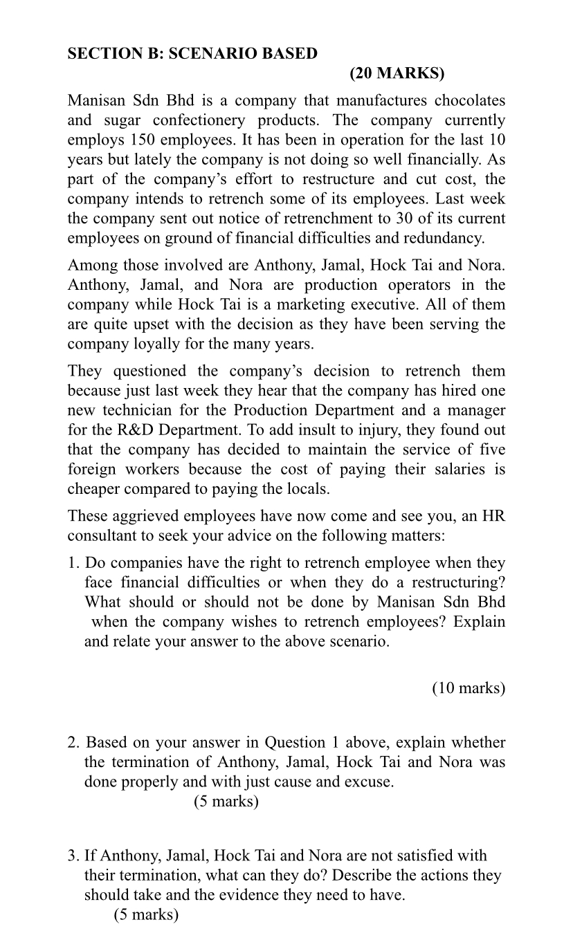 SECTION B: SCENARIO BASED (20 MARKS) Manisan Sdn Bhd is a