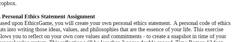  opbox. Personal Ethics Statement Assignment ased upon EthicsGame, you will create