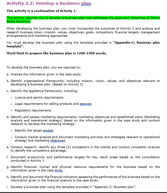  Activity 2.2: Develop a business plan This activity is a continuation
