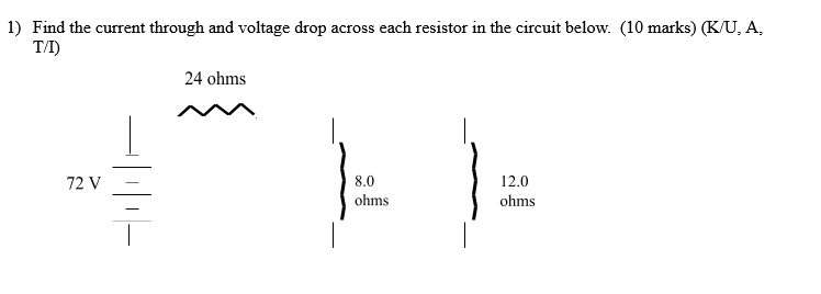  1) Find the current through and voltage drop across each resistor