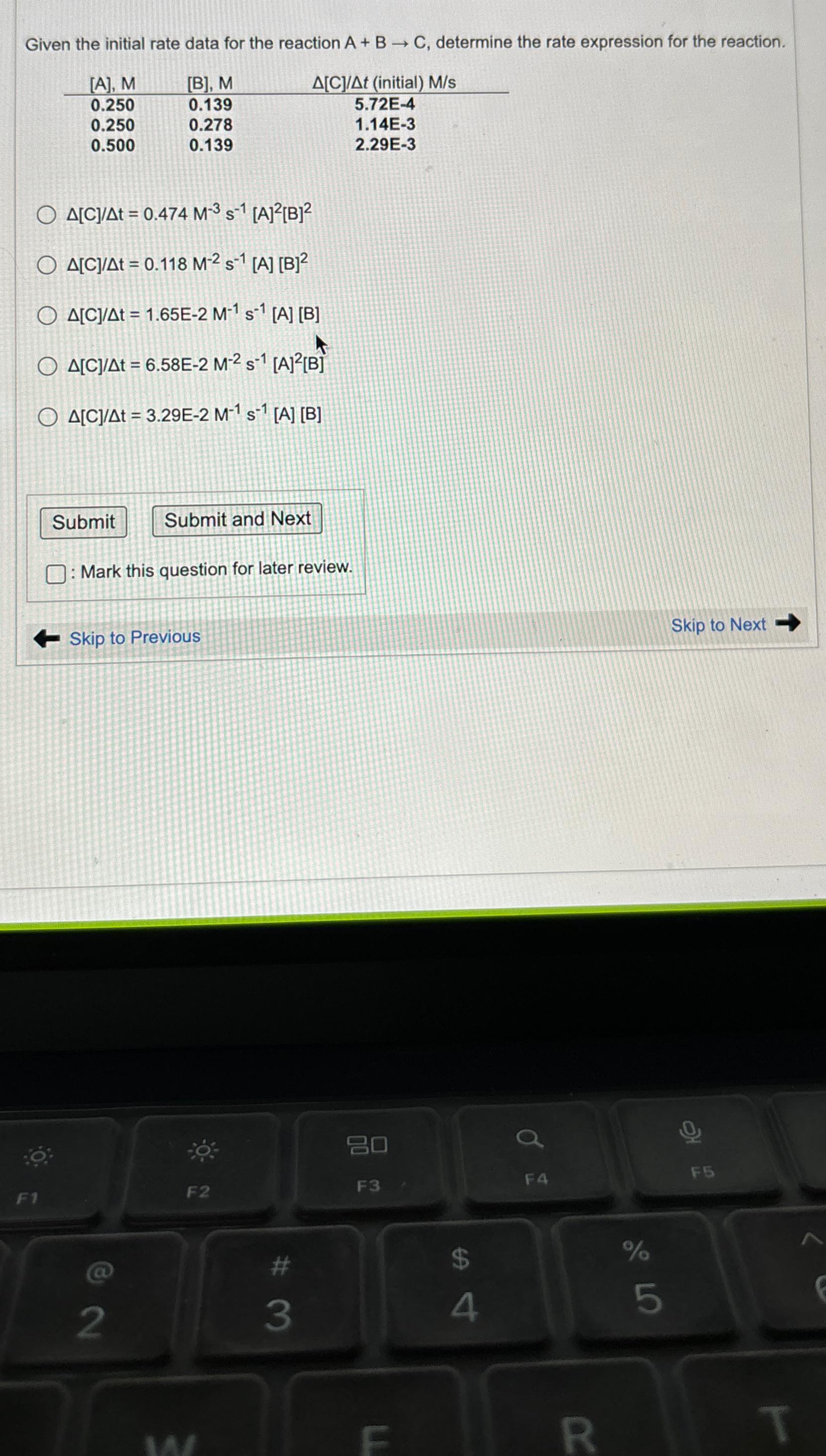 Given the initial rate data for the reaction A+BC, determine the