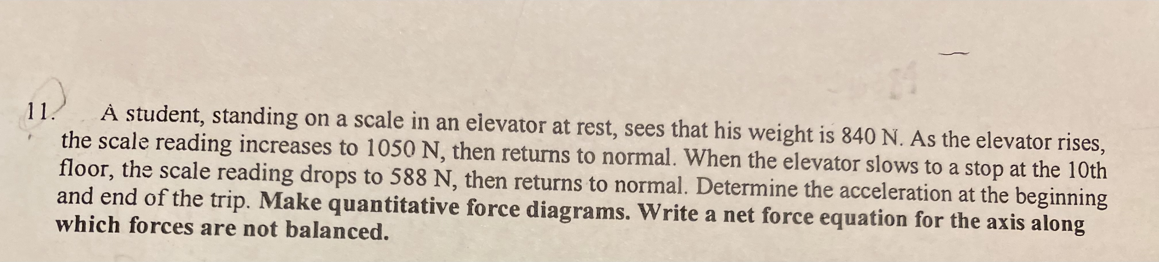 11. A student, standing on a scale in an elevator at