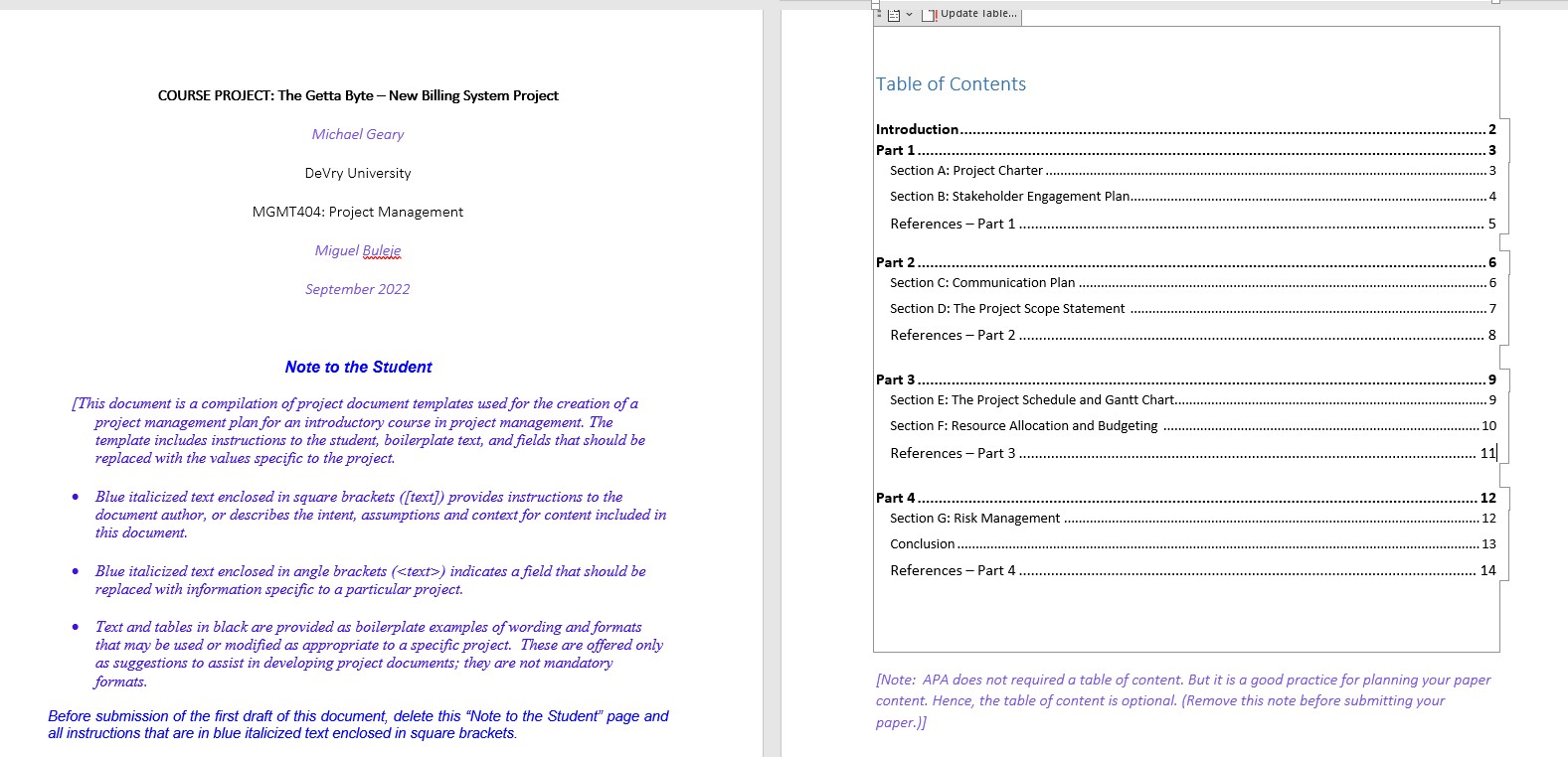 one-page summary of all the main aspects of the project, including: Canvas