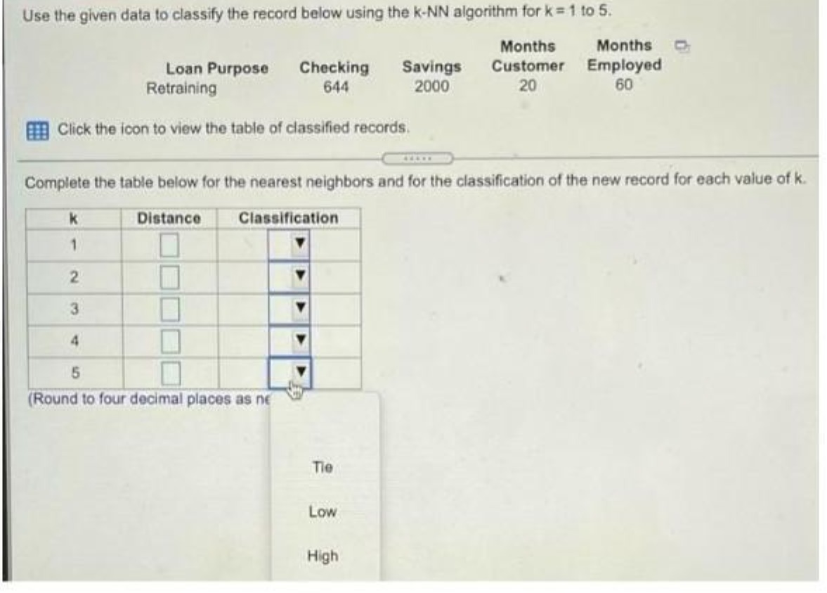  Use the given data to classify the record below using the