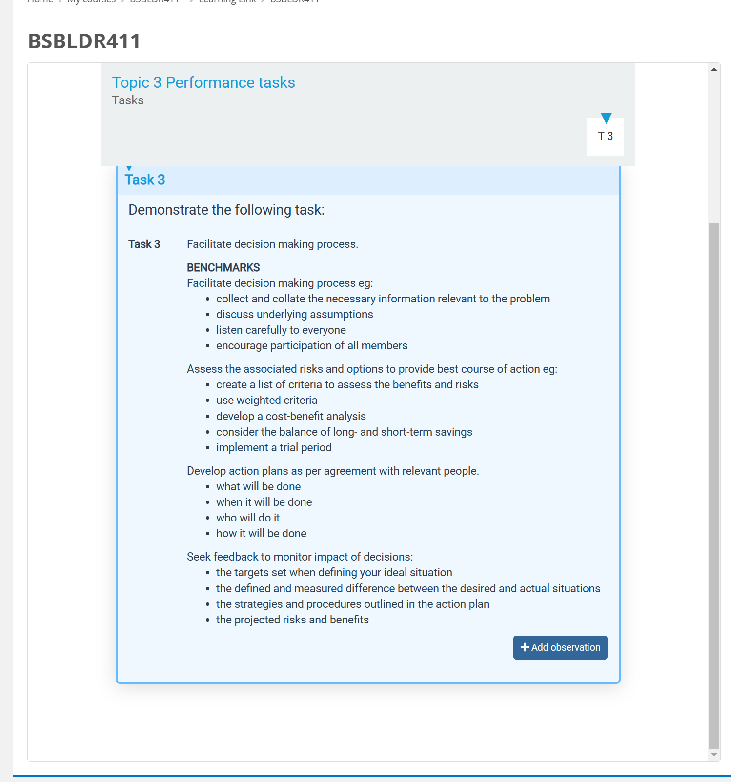  BSBLDR411 Topic 3 Performance tasks Tasks V Task 3 Demonstrate the