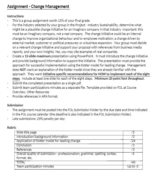 Assignment - Change Management Instructions This is a group assignment worth