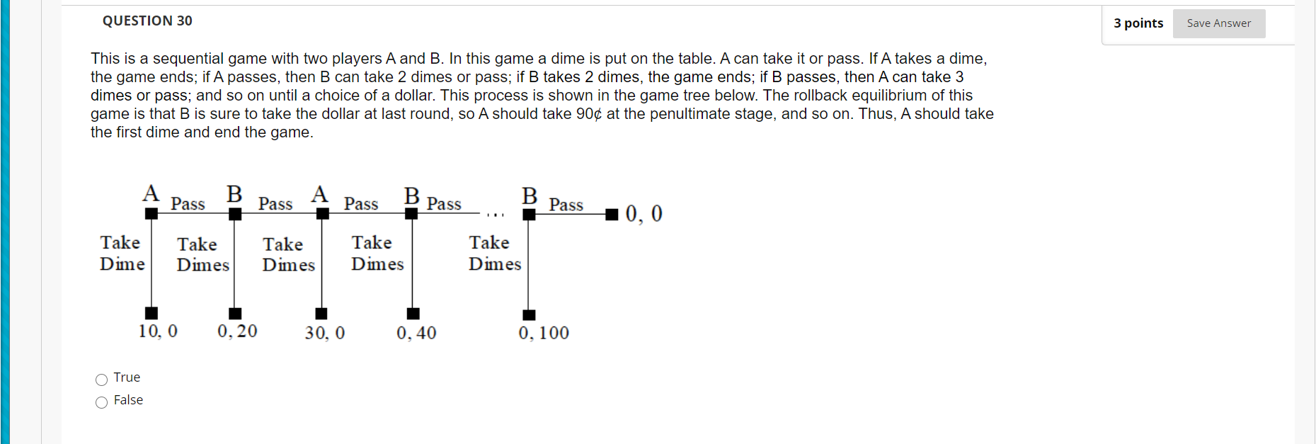 QUESTION 30 This is a sequential game with two players A and