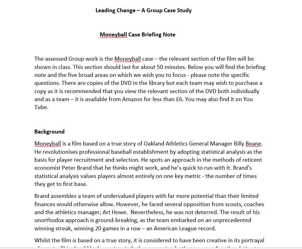  Leading Change - A Group Case Study Moneyball Case Brieng Note