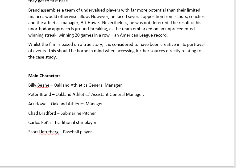 The assessed Group work is the Moneyball case the relevant section of