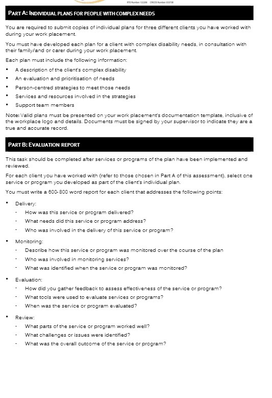 PART A: INDIVIDUAL PLANS FOR PEOPLE WITH COMPLEX NEEDS You are